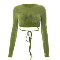 Women's Green Long Sleeved Lace Up Chest Hollowed Out Navel Long Sleeved Top