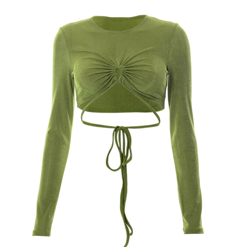 Women's Green Long Sleeved Lace Up Chest Hollowed Out Navel Long Sleeved Top