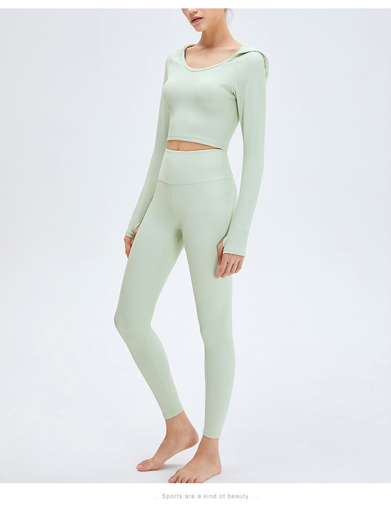 Women's Tight Yoga Hooded Tops High-waisted Sports Leggings Two-piece Set