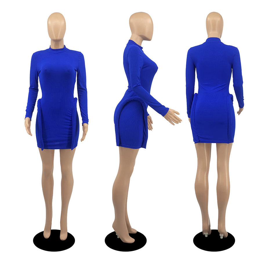 Long-sleeved Stretchy Slim Sexy High Neckline Women's Short Dresses