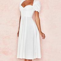 White Front Button Bubble Short-sleeved Long Dresses Women