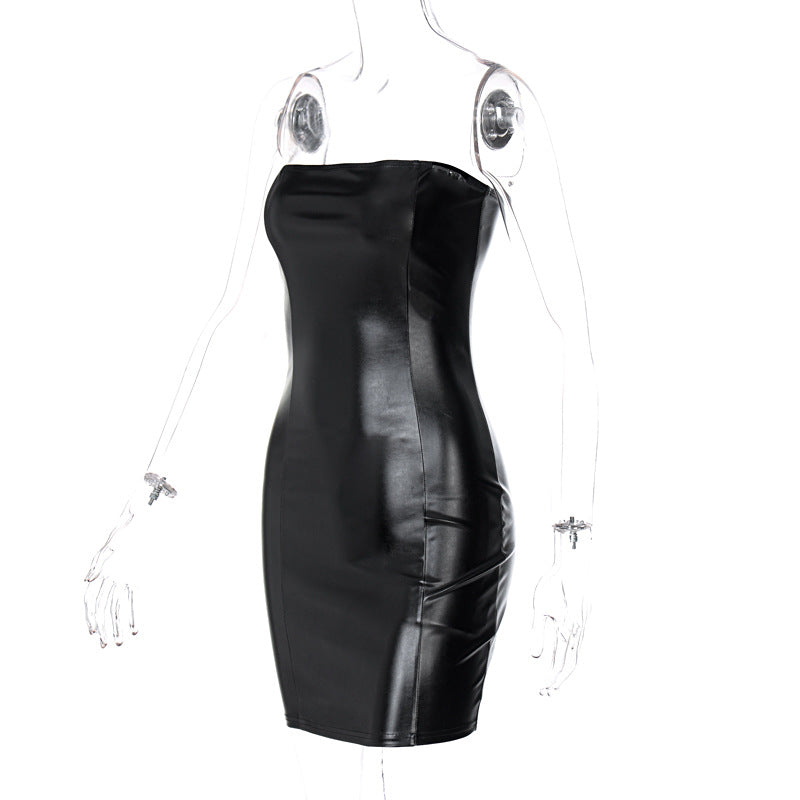 Women's Strapless Off The Shoulder Sleeveless Black Leather Dress