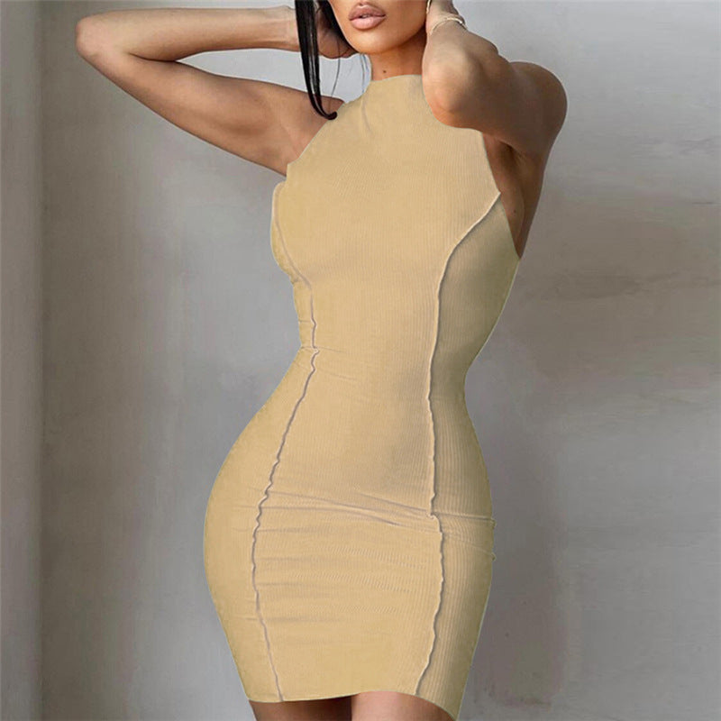 Women's Round Neck Sleeveless Peach Lifting Solid Color Dress