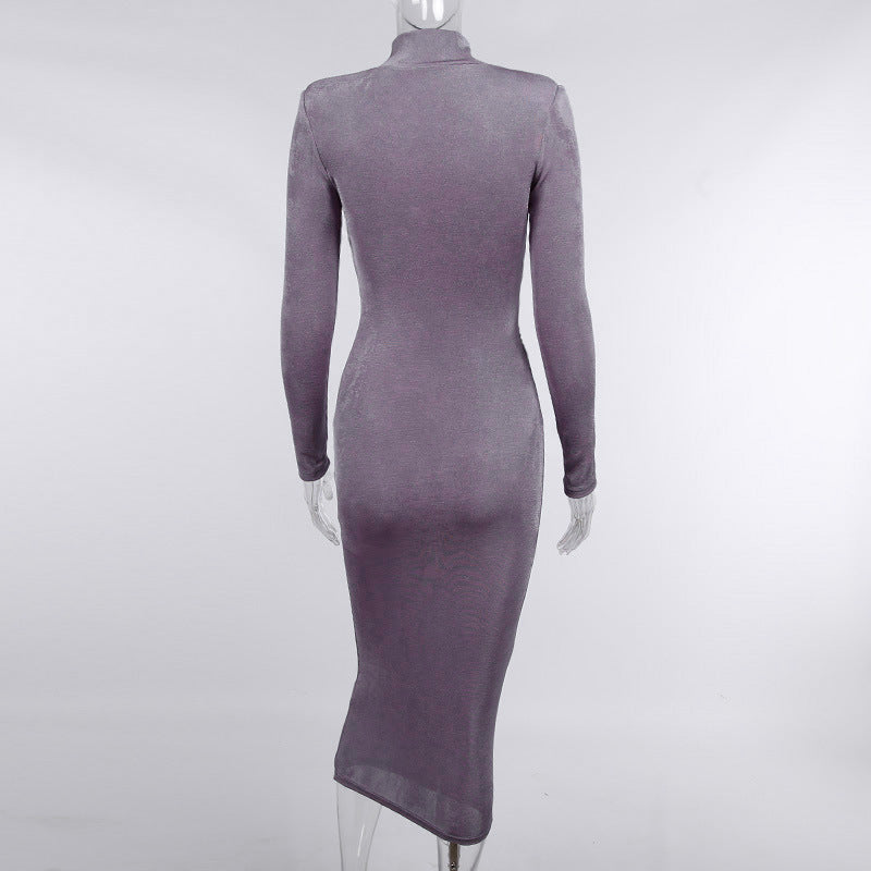 Padded Shoulder Half High Neck Pleated Long-sleeved Long Dresses Women