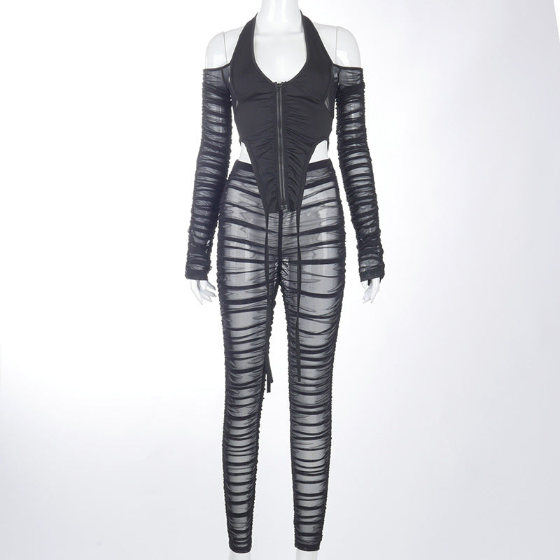 V-neck Backless Lace-up Mesh Long-sleeved Women's Tops Bodysuit and Pants Outfit