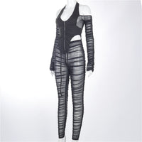 V-neck Backless Lace-up Mesh Long-sleeved Women's Tops Bodysuit and Pants Outfit
