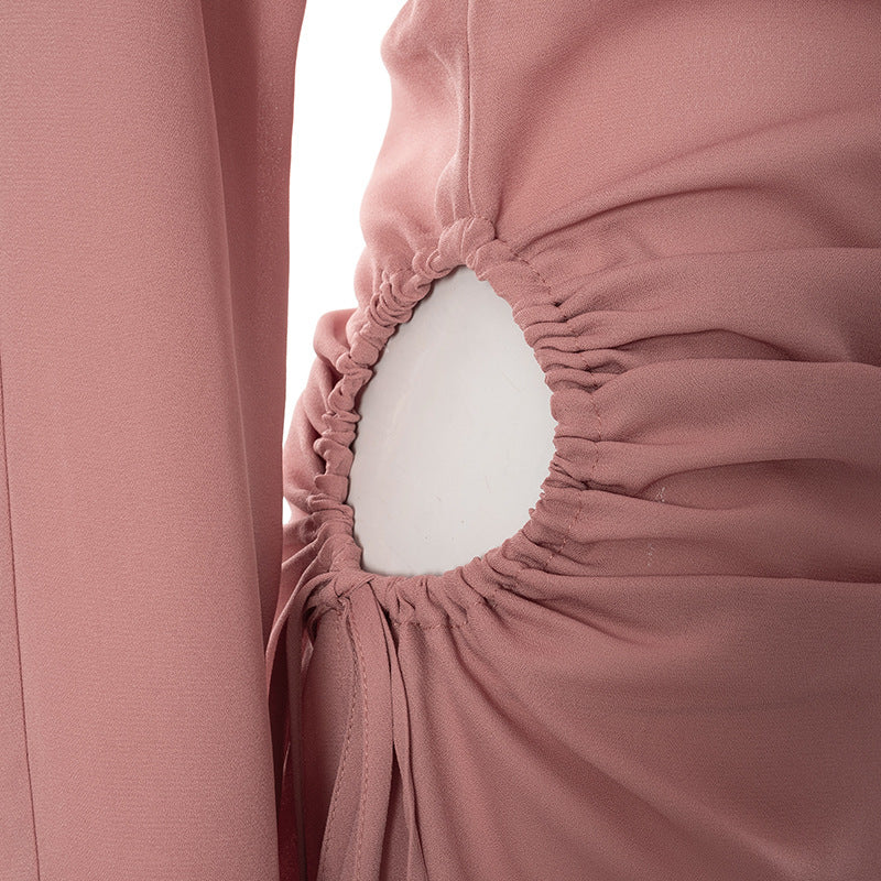 Women's Pink Waist Hollow Neck Strapless Long Sleeved Dress