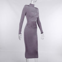 Padded Shoulder Half High Neck Pleated Long-sleeved Long Dresses Women