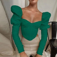 Women's Square Neck Shrink Pleated Long Sleeve High Shoulder Top