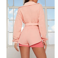 Women's Solid Color Long Sleeve Sweater with Shorts Tracksuit Set