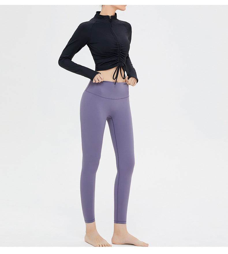 Women's Adjustable Drawstring Zipper Coat Yoga Long Sleeve Ruched Crop Tops
