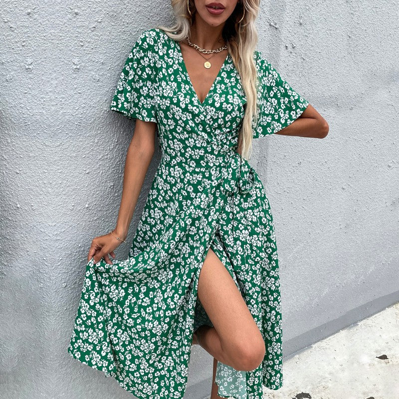 Women's Summer Chiffon Green Flower Print Short Sleeve Lace Up Dress Tea Break Skirt