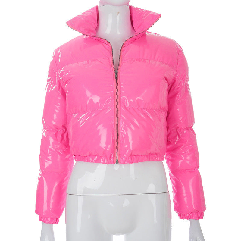 Women Winter Coat Solid Color Zipper Mirror Leather Cropped Puffer Jacket