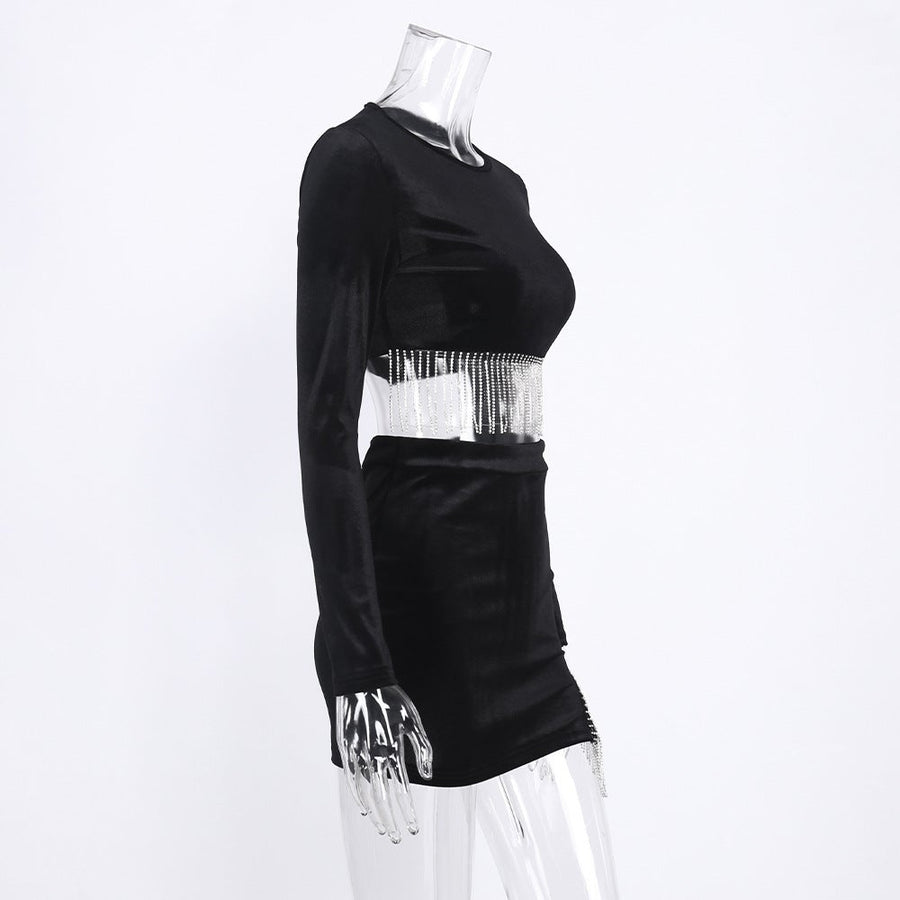 Women's Solid Colour Fringe Patchwork Short Set Dress Round Neck Top Hip Skirt Set