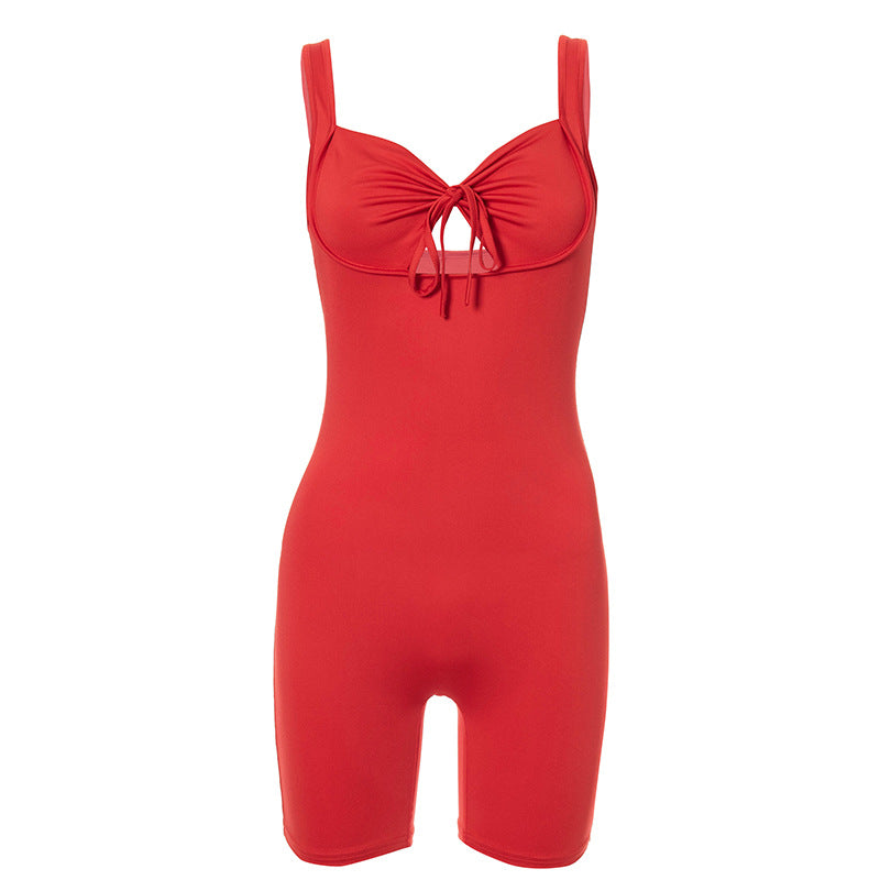 Women's Red Backless Tied Rope Tight Bodysuit Shorts Jumpsuit