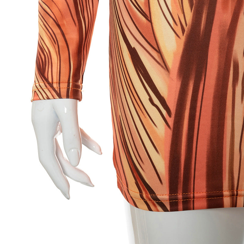 Long-sleeved Peach Lifting Striped Pattern Women Dress