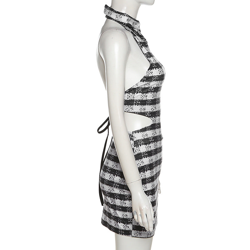 Women's Black and White Striped Tied Rope Back Turtleneck Sleeveless Dress