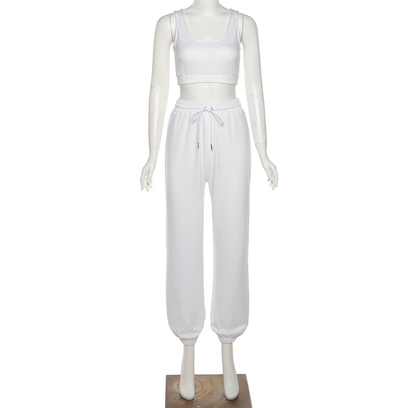 Women's Cropped Tank Sleeveless Drawstring Long Pants Two-piece Suit
