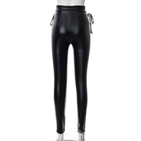 Solid Color Black Low Waist Tied Rope Peach Lifting Leather Women Leggings