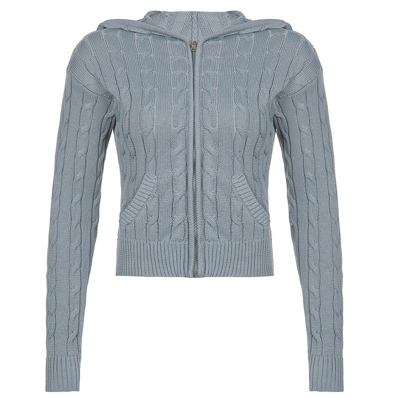 Women's Solid Colour Twist Hooded Zip Short Jumper Cardigan Jacket