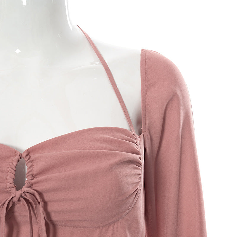 Women's Pink Waist Hollow Neck Strapless Long Sleeved Dress