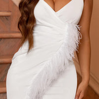 White Halter Sloping Shoulder Women's Dress with Feather