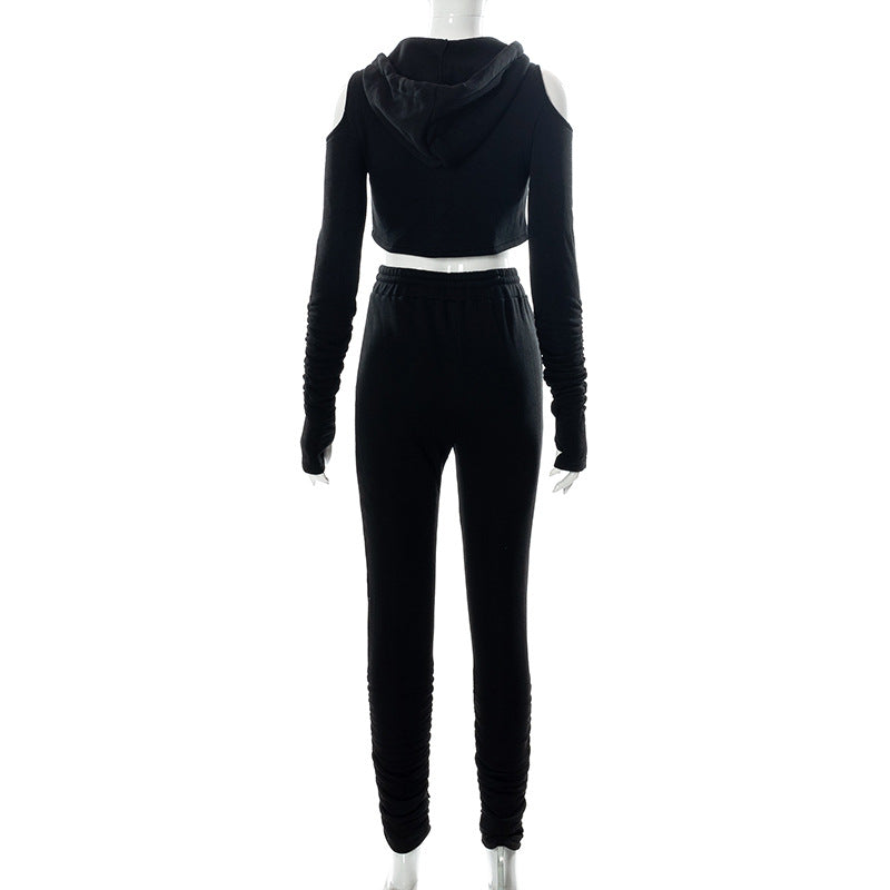 Women's Spring and Autumn Hooded Drawstring Pleated Long Sleeved Top Long Pants Sweater Set