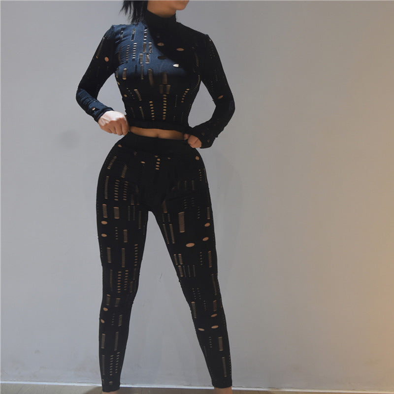 Women's Hollow Out Tight Tracksuit High-waisted Pants Sports Sets