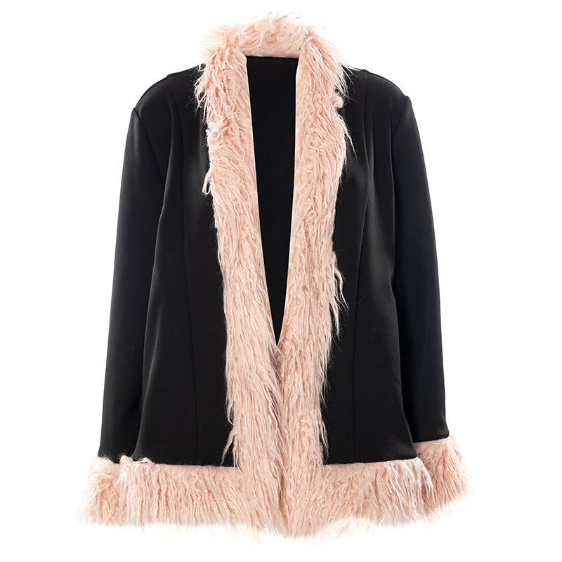 Women‘s Black + Pink Stitching Long-sleeved Fur Stand-up Collar Tweed Coat Jacket