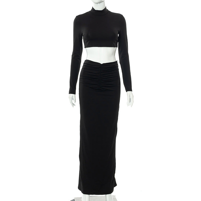 Women's long-sleeved high-neck top pleated long skirt two-piece set