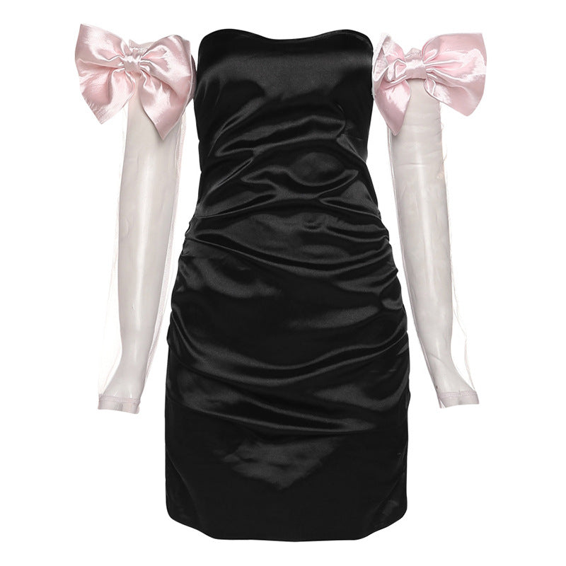 Women's Pink Bow Long-sleeved One-shoulder Dress