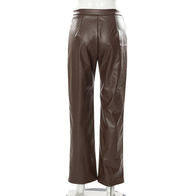 PU Leather Slim Straight Work Style Pants Long Trousers