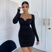 Long-sleeved Square Neck Low-cut Ruched Fashion Women Dress