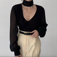 Women's Fashion Long-sleeved Blouse V-neck Low-breasted Straps Hollow Out Tops