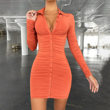 Women's Fashion Design Sense Single-breasted Peach Lifting Long-sleeved Dress