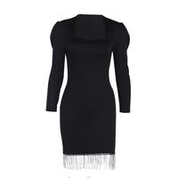 Women's Black Square Neck Tassel Patchwork Long Sleeve Evening Dress
