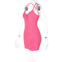 Women's Sleeveless Dress Halter Belt V Collar Hidden Button Mini Dress