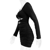 Long-sleeved Deep V Hollow Pleated Dresses Women