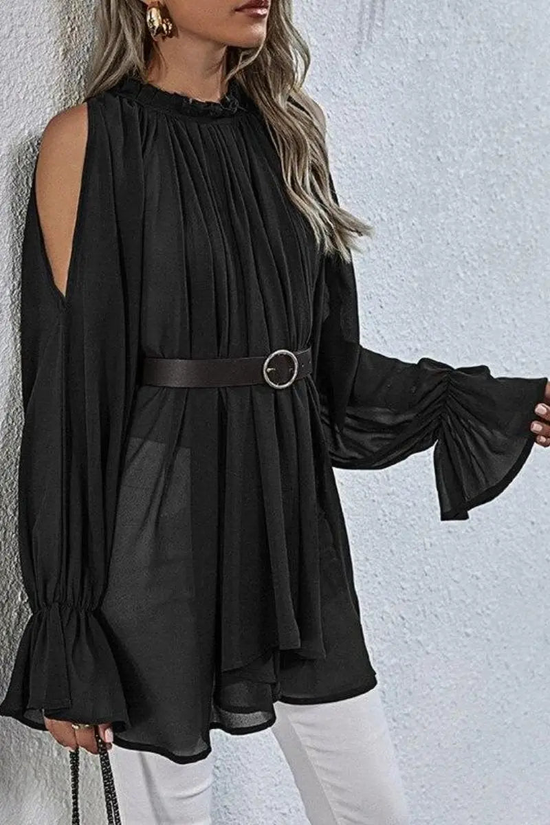 Off-shoulder pleated long-sleeved top