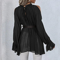 Off-shoulder pleated long-sleeved top