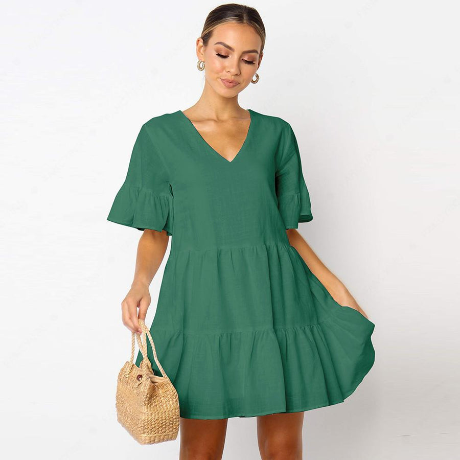 One Piece Casual Short Flared Sleeves Swing Mini Dress