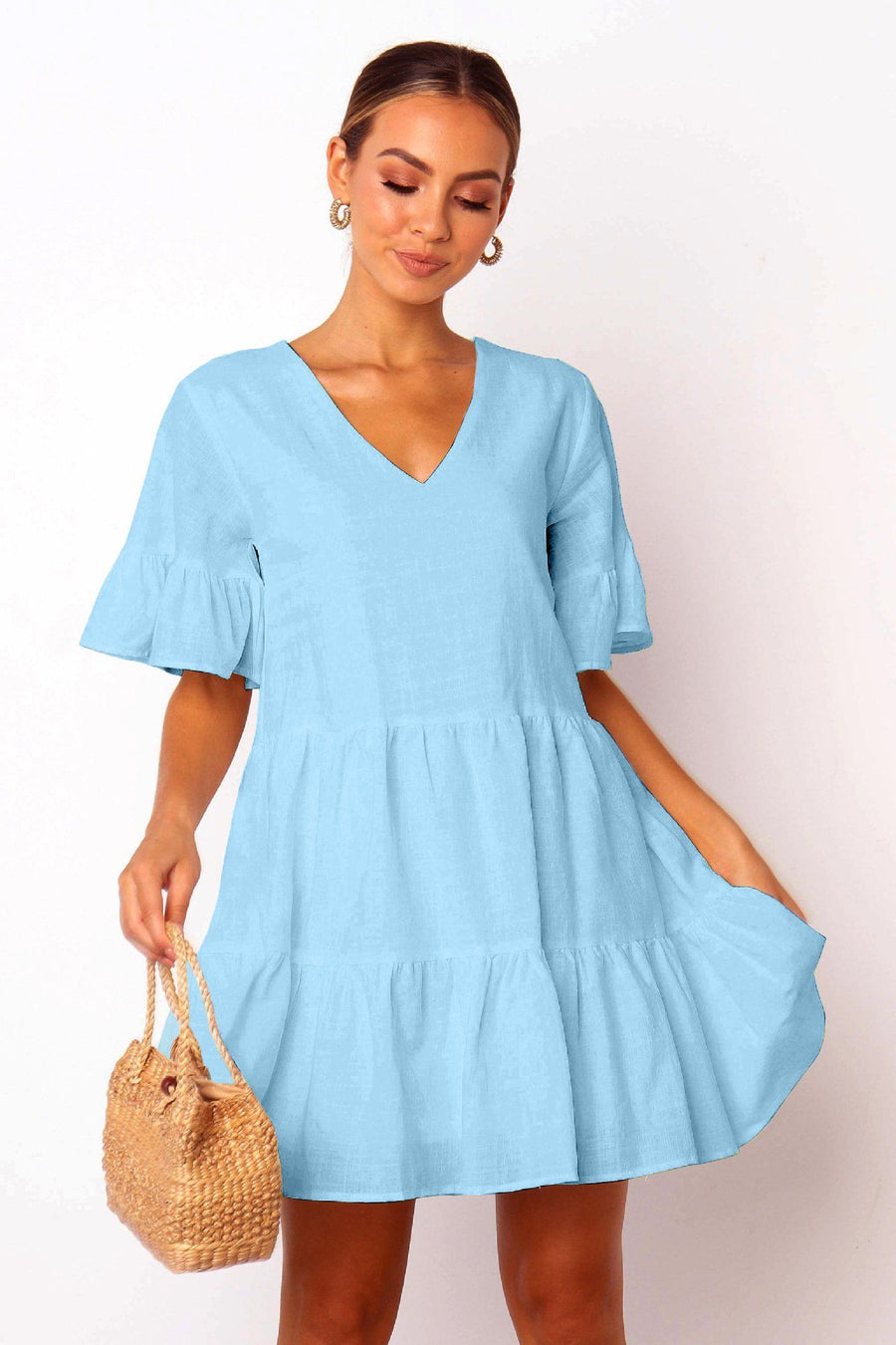 One Piece Casual Short Flared Sleeves Swing Mini Dress