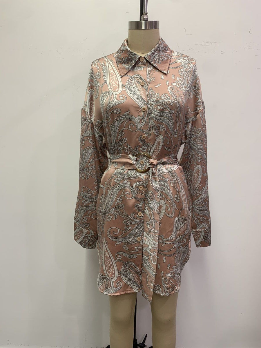 Paisley Trendy Front Buckle Belted Shirt Dress