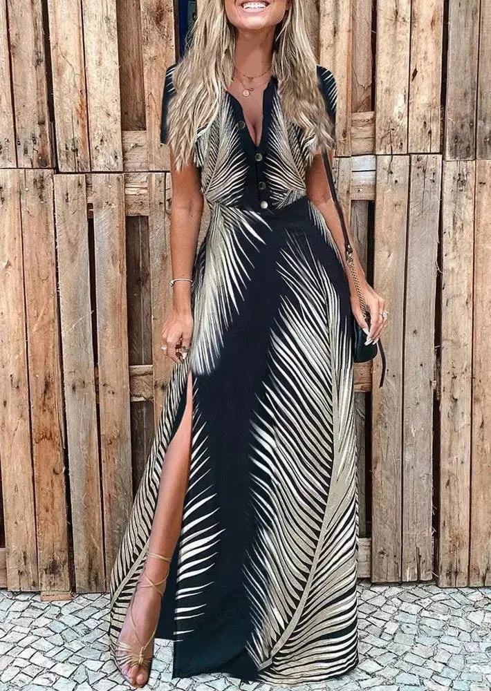 Palm Leaf Print Slit Dress
