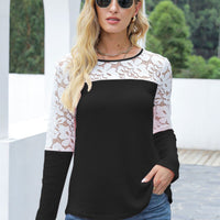 Patchwork Lace Round Neck Long Sleeves Blouse
