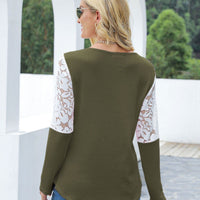 Patchwork Lace Round Neck Long Sleeves Blouse