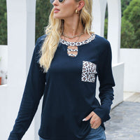 Patchwork Leopard Hollow Out Long Sleeves Blouse