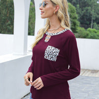 Patchwork Leopard Hollow Out Long Sleeves Blouse