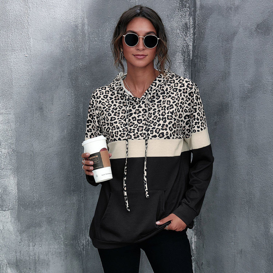 Patchwork Leopard Long Sleeves Hooded Sweatshirt