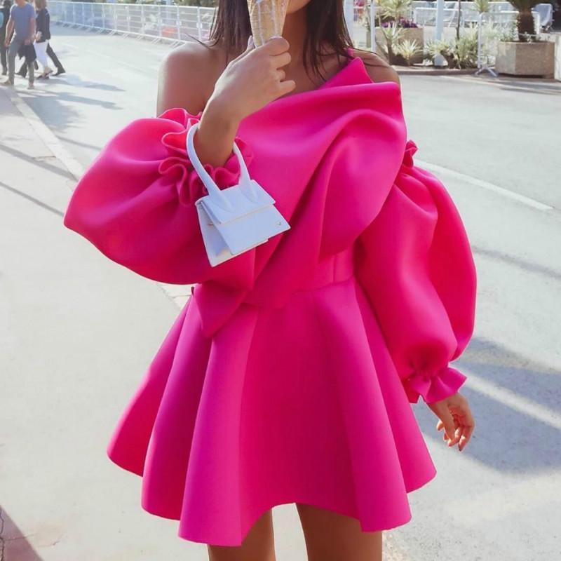 Pink Lantern Sleeve Ruffle Off-shoulder Party Dress
